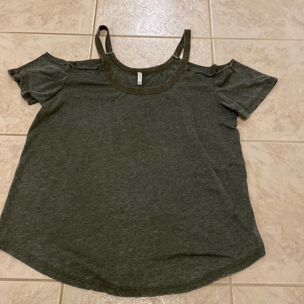 Army green tee. Off the shoulder. Size M